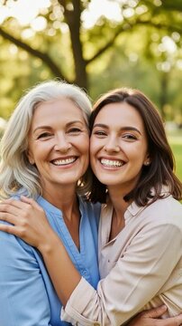 Happy senior mother and adult daughter hugging outdoors in a park representing family love, bonding, and intergenerational connection in a natural setting