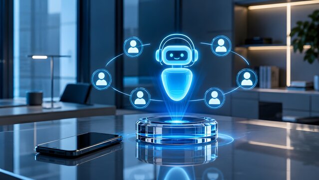 Holographic AI assistant connecting with people icons in office setting