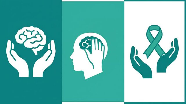 Mental health awareness graphic icons showing brain care, support hands, and ribbon for healthcare concept.