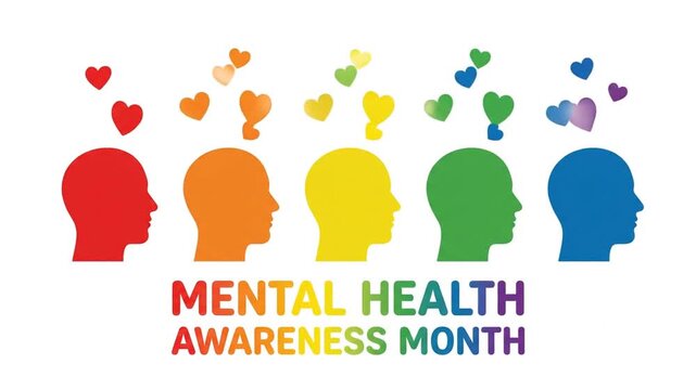 Mental health awareness month animation with colorful heads and floating hearts.