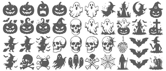 Fototapeta premium Halloween Vector Silhouette Set with Spooky Pumpkins, Flying Witches, Friendly Ghosts, Creepy Skulls and Bats SVG, JPEG and PNG
