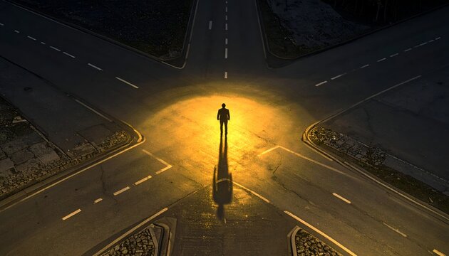 Person standing alone at a dark road intersection surrounded by warm golden light, symbolizing crossroads, life decisions, uncertainty, opportunity, and finding the right direction.