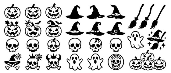 Fototapeta premium Halloween Vector Outline Icon Set with Jack O Lanterns, Witch Hats, Brooms, Skulls and Spooky Holiday Symbols SVG, JPEG and PNG