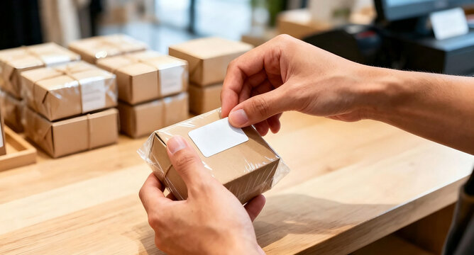 First person view of hands attaching a price label to a packaged product on a retail counter.
