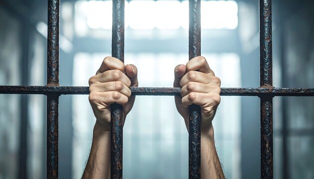 Close-up of hands gripping metal prison bars, conveying confinement, imprisonment, restriction, captivity, loss of freedom, and the struggle for liberation.