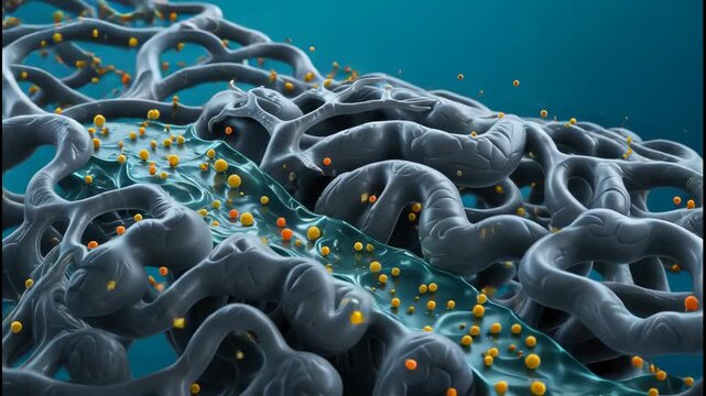 Microscopic view of neural tissue with fluid flow and particle movement