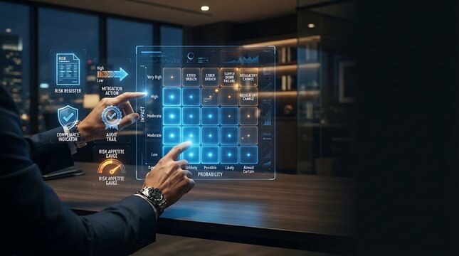 Risk management executive interacting with holographic enterprise risk matrix interface for corporate risk assessment monitoring and digital governance compliance management solutions.