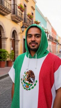 Young hispanic man wearing a mexican flag poncho in a colonial street
