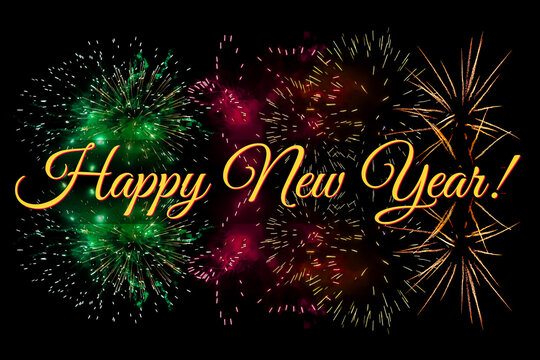Happy new year text with multicolor fireworks explosion