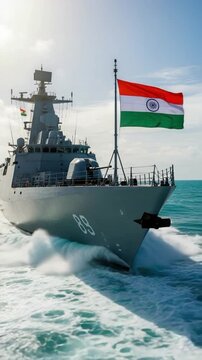 Indian Navy warship sailing on the sea with the national flag flying high, representing defense, power, and maritime security in the ocean