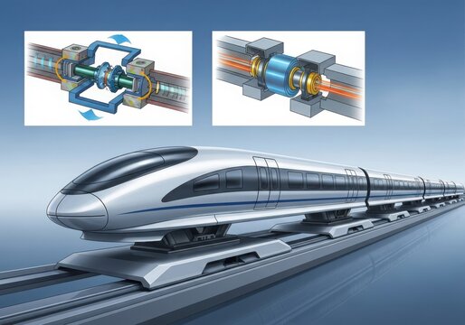High-speed maglev train on tracks with propulsion system cutaway
