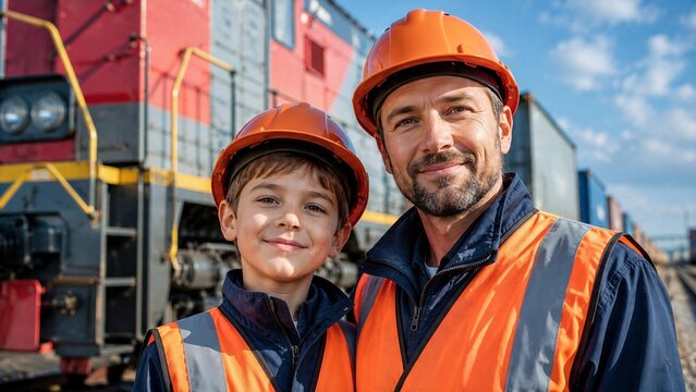 Portrait of proud railway worker father and son in safety uniforms and hard hats posing near freight train. Future generation and Labor day concept. AI photo