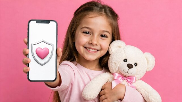 Cute smiling little girl holding teddy bear and smartphone with heart shield icon, concept of child internet safety and health insurance