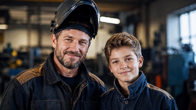  Portrait of a proud welder father in a helmet and his smiling son in an industrial workshop, Labor Day and Men's Day concept