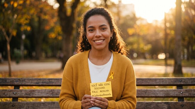Mulher jovem sorridente sentada em banco de parque ao p&ocirc;r do sol segurando cart&atilde;o amarelo com mensagem motivacional, campanha Setembro Amarelo, sa&uacute;de mental e esperan&ccedil;a
