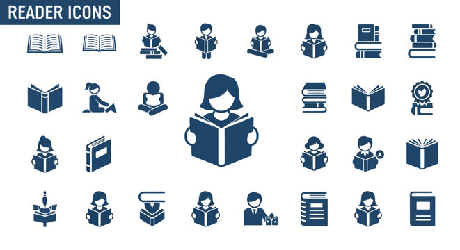 Icon set of people reading books in a library scene for education and leisure visuals.