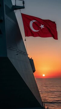 Turkish flag flying on a warship superstructure at sunset over the sea representing national pride and defense