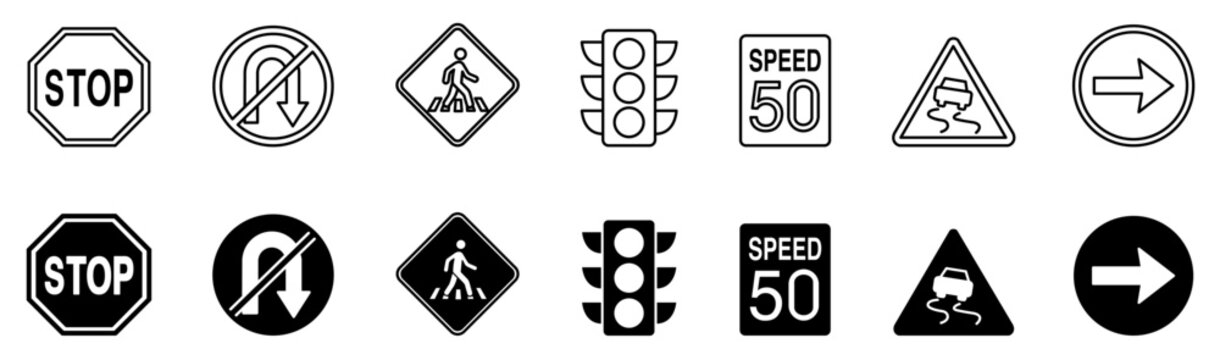 Traffic and road safety sign vector icon set featuring stop, no u-turn, crosswalk, speed limit, and signal symbols in line and filled styles for navigation UI design.
