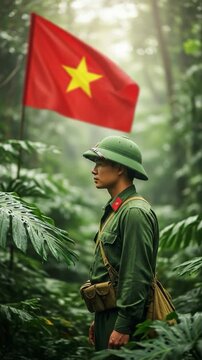 Vietnamese soldier in jungle with national flag representing patriotism and military history in historical war concept