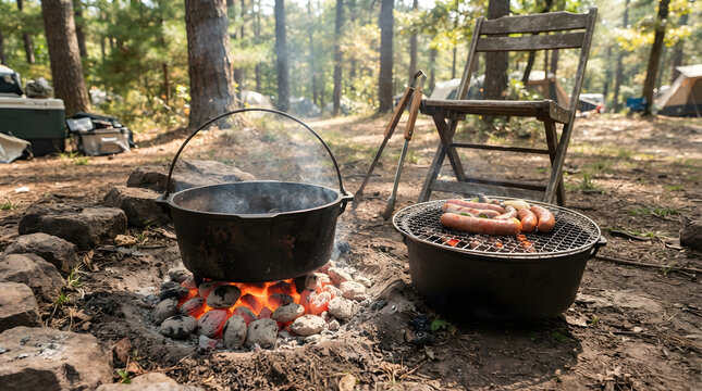 Cast iron dutch oven and portable grill cooking sausages over burning charcoal embers during rustic woodland camping trip.