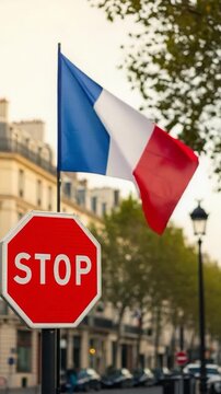 French flag and stop sign in Paris street representing traffic regulations and national symbols in urban Europe