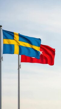 Swedish and Turkish flags flying together on flagpoles representing international diplomacy cooperation and political relations