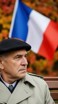 Elderly French Man in Beret and Trench Coat Sitting Outdoors with French Flag Background Representing Patriotism