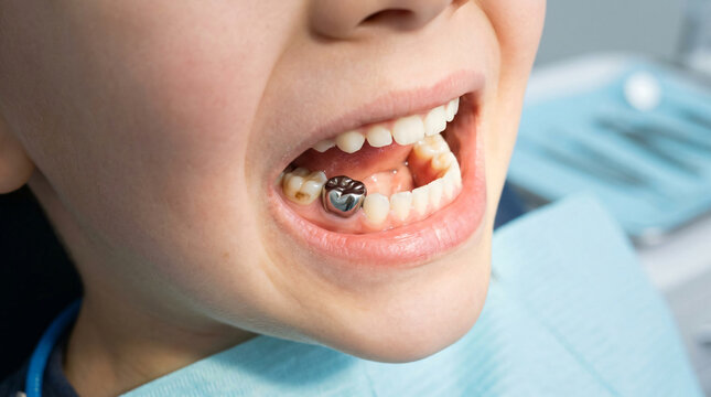 Close up view child mouth smiling showing metallic silver dental crown decaying tooth pediatric dentistry tooth restoration concept bright medical lighting clean treatment stock photo
