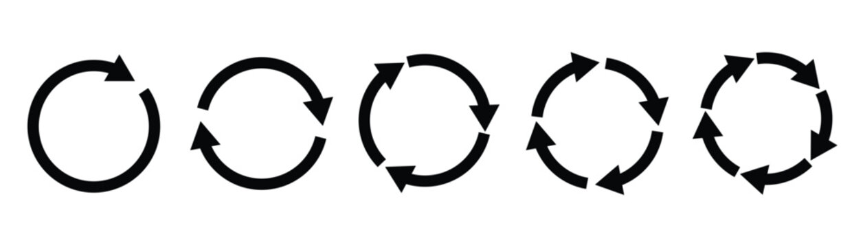 Black circular arrow icon set vector illustration for refresh, reload, sync, recycle, loop, process cycle, rotation pointer, ui ux navigation, and website button element.
