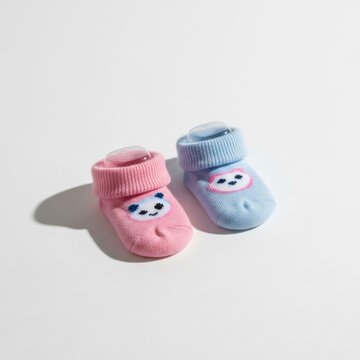 Pair of newborn baby socks in pink and light blue pastel colors featuring embroidered panda faces, isolated on a minimal white background with soft natural shadows, baby shower concept.