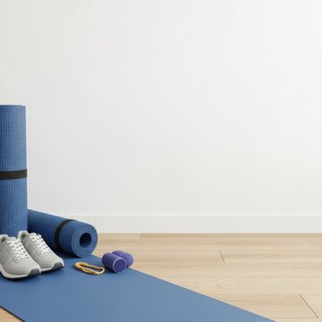 Blue yoga mats, grey sneakers, and small weights on light wood floor against a white wall in a minimalist gym setting with copy space for health and wellness concepts.