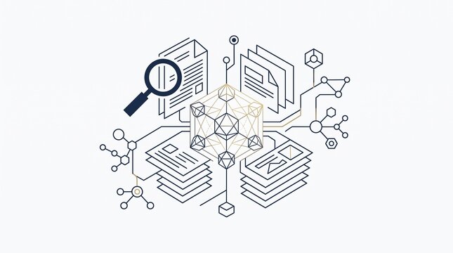 Geometric crystalline structure connects multiple document layers and node networks for advanced knowledge discovery and data mining in clean technical style.