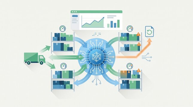 Automated warehouse logistics system with ai monitoring shelf inventory and delivery truck transport optimization for modern supply chain management and operations.