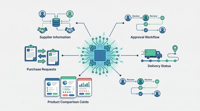 Procurement management software interface design with supplier information and delivery tracking workflow for streamlined corporate supply chain administration.