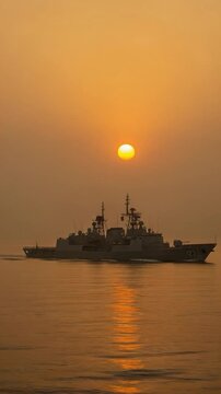 Military warship sailing in the sea at sunset with golden sunlight reflection on water surface for defense and naval operations concepts