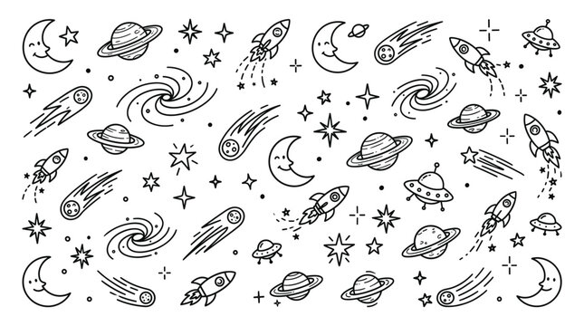 Outer space and galaxy themed doodle set featuring planets, rockets, stars, moons, comets, uf os, and spiral galaxies in outline