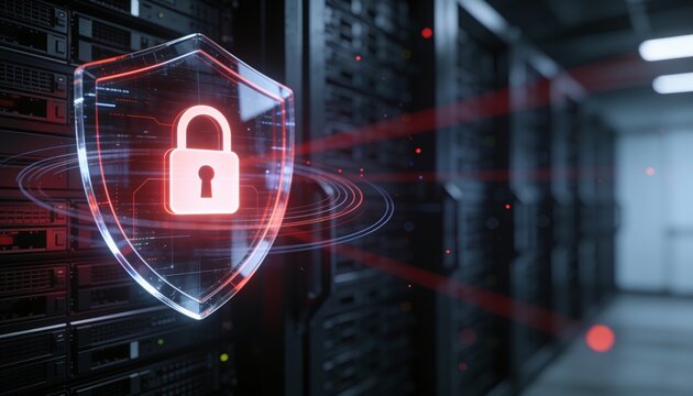 Glowing lock icon protected by a sophisticated transparent shield, subtle digital layers forming around, defocused server racks in background, floating light-beam particles, photorealistic corporate