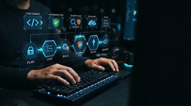 Software engineer interacting with holographic DevSecOps CI/CD pipeline interface for enterprise secure software development and automated code deployment security management solutions.