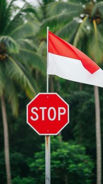 Indonesian flag flying above a stop sign in a tropical palm tree setting symbolizing national regulations and traffic safety