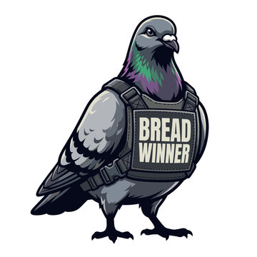 Urban pigeon wearing tactical streetwear harness with bread winner patch