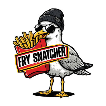 Cool seagull wearing beanie and sunglasses holding french fries container