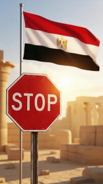 Egyptian flag and stop sign in ancient ruins representing travel restrictions and heritage preservation