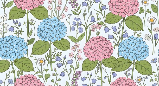 Vibrant floral pattern with hydrangeas and wildflowers.
