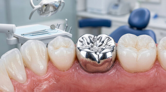 Extreme macro detailed shot clean white human teeth row one polished metallic silver crown restoration dental prosthetics stomatology concept professional dental clinic backdrop view