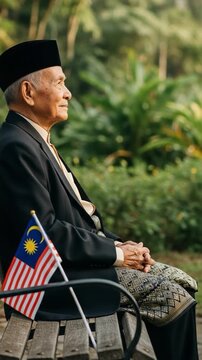 Elderly Malaysian man sitting on a park bench holding a miniature national flag representing patriotism, culture, and independence day