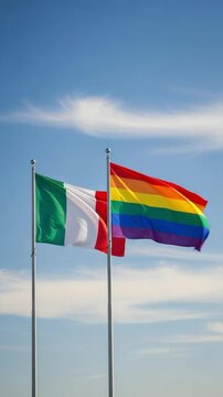 Italian and rainbow flags flying together against a blue sky, symbolizing LGBTQ pride and human rights in Italy