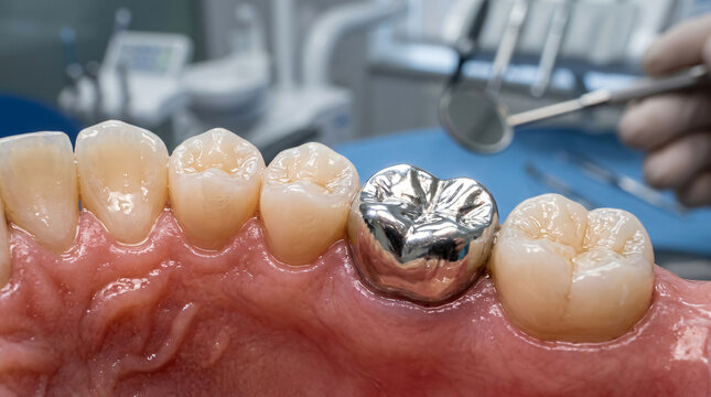 Extreme macro detailed shot clean white human teeth row one polished metallic silver crown restoration dental prosthetics stomatology concept professional dental clinic backdrop view