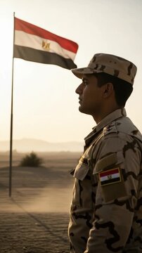 Egyptian male soldier in camouflage uniform standing proudly outdoors with the national flag waving in the desert background, representing patriotism and military service
