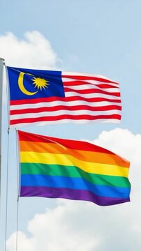 Malaysian flag and rainbow pride flag waving together under a bright cloudy sky representing diversity and equality