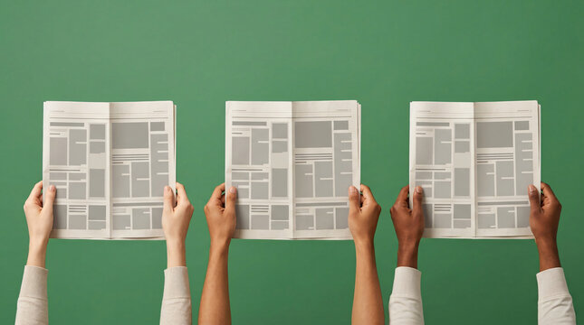 Symmetrical minimalist composition three pairs hands holding opened paper newspapers articles clean solid green background media fashion global news press concept marketing promotion